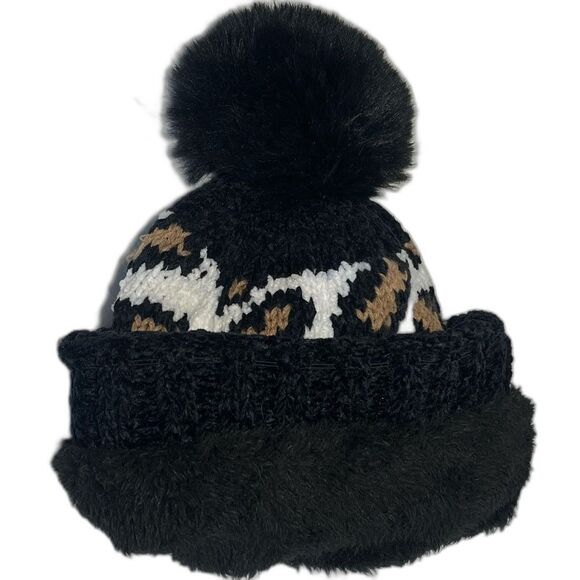 Pom Pom Black Leopard Hat One Size - Picture 3 of 3